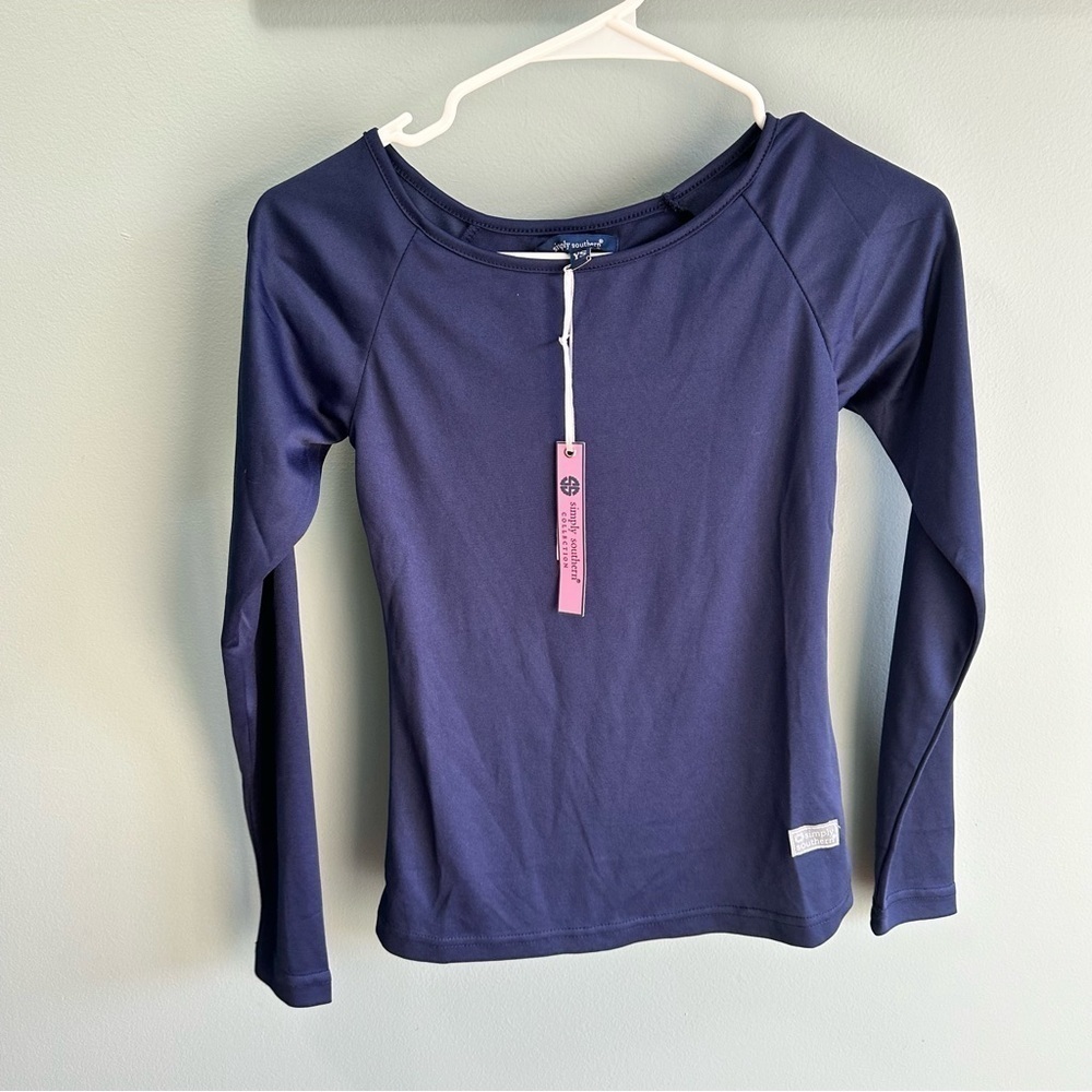 Simply Southern open back shirt youth small navy blue